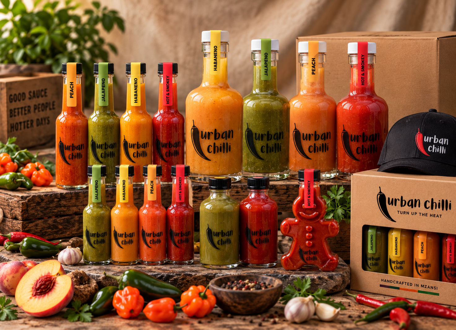 Range of handcrafted Urban Chilli sauces on a wooden table