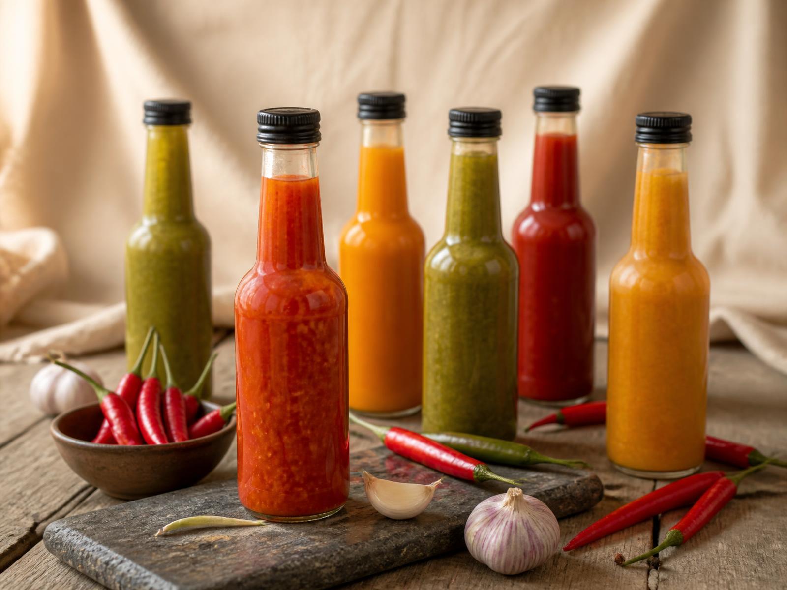 Range of handcrafted Urban Chilli sauces on a wooden table