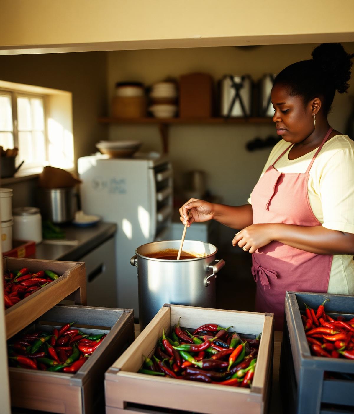 Urban Chilli sauce being made by hand in a small kitchen